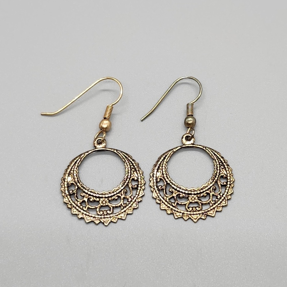 Filigree Dangle Earrings 1.75" Drop Antique Gold Tone Bohemian Fashion Jewelry